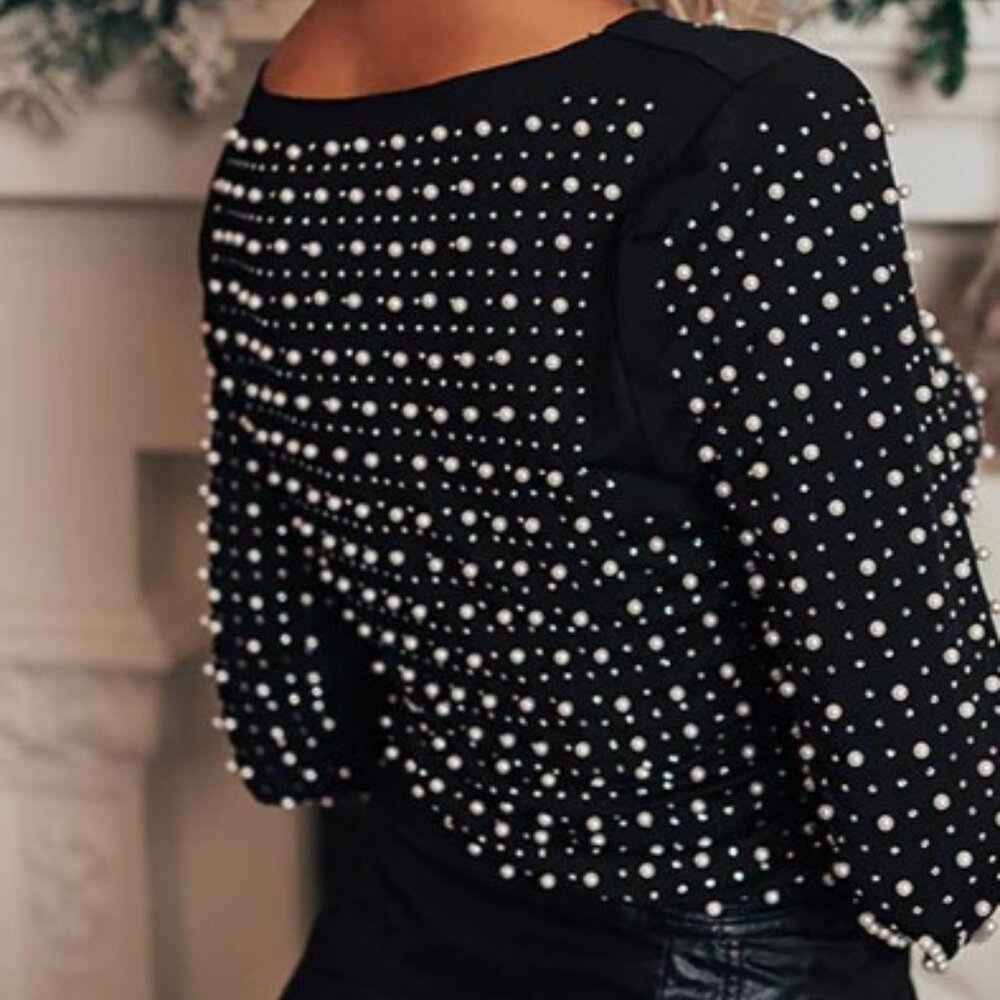 Black Mesh Embelished statement top with Pearls and Rhinestones - Picture 3 of 4
